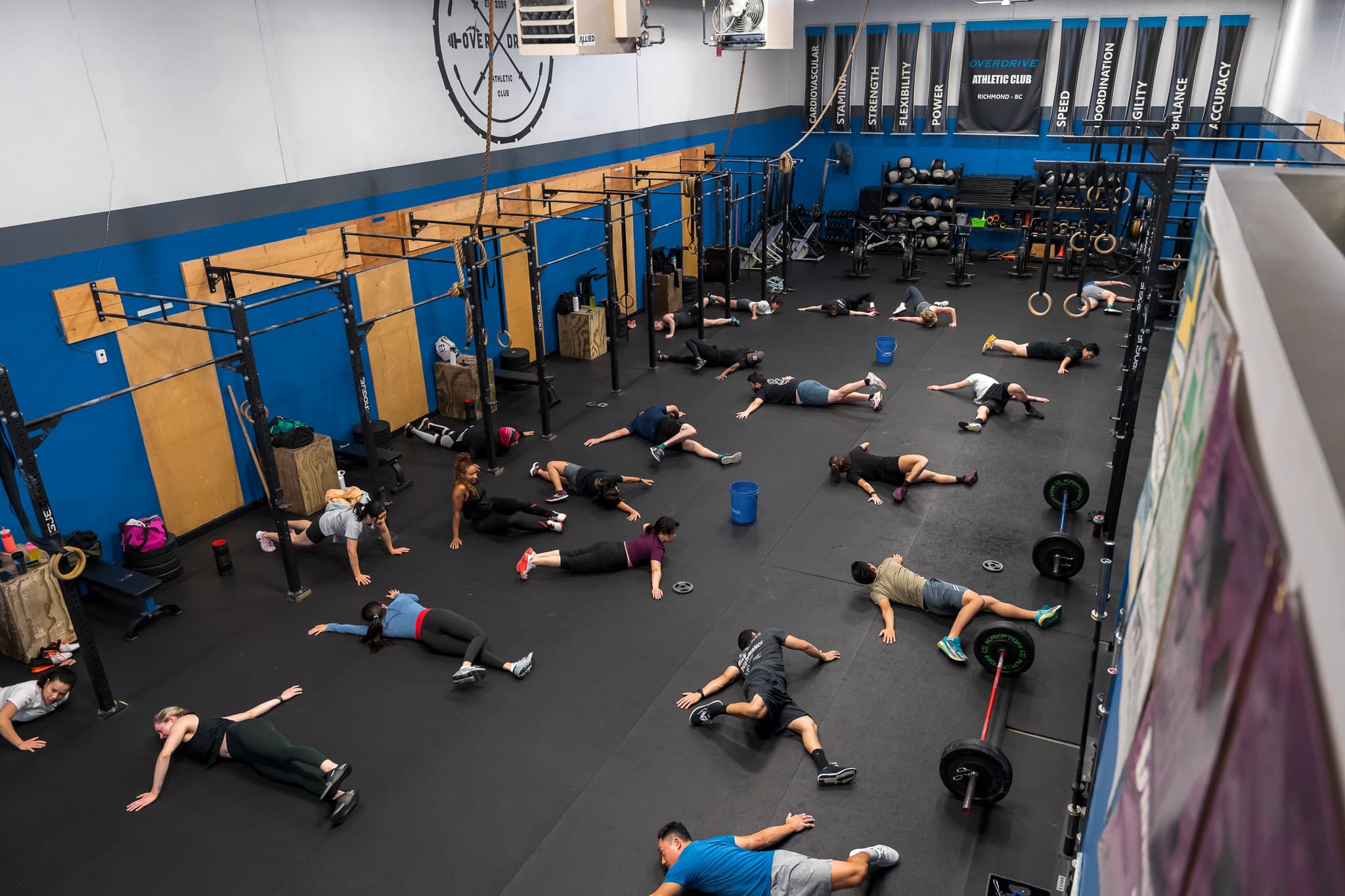 An overhead view of a large class training together at Overdrive Athletic Club in Richmond, BC