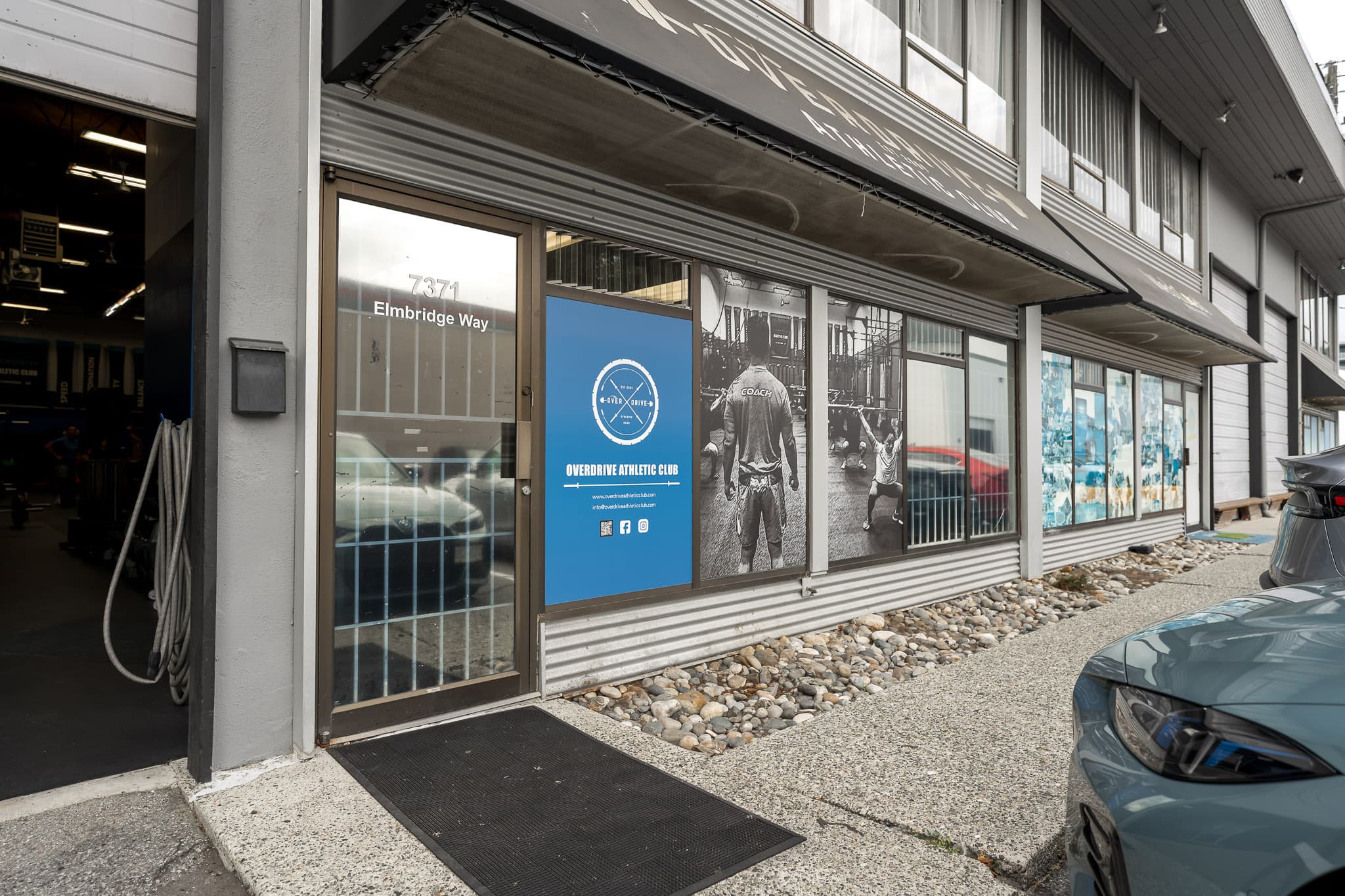 The Overdrive Athletic Club storefront entrance on Elmbridge Way in Richmond, BC